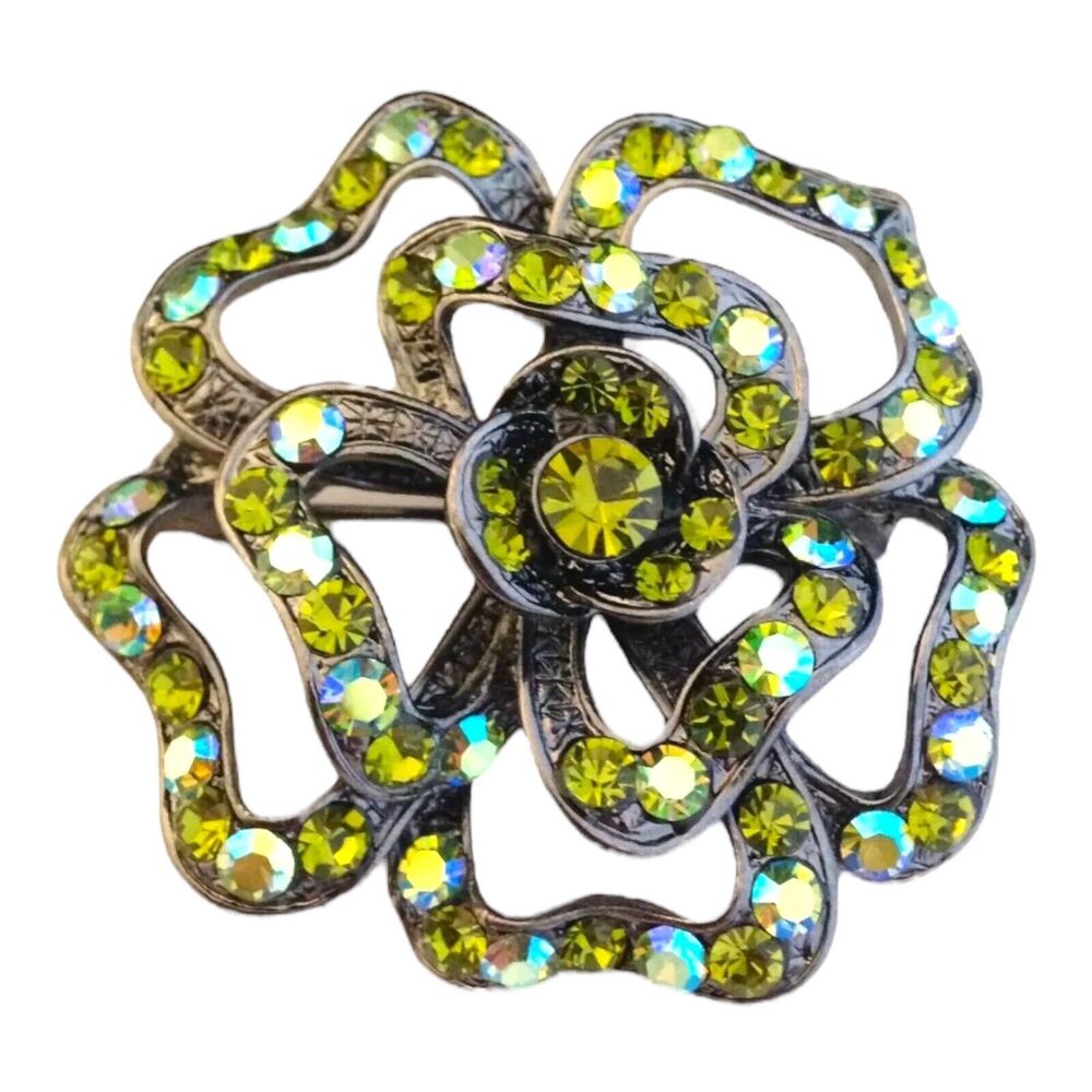 New Premier Designs Brooch Green Rhinestone Pendant Hematite Tone - 2G